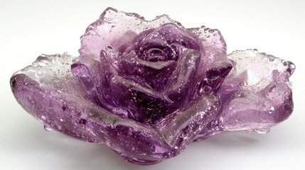 Poster - Delicate glass sculpture of a purple rose with intricate detailing and a glossy finish, set against a white background, decorative art, home decor, floral design.