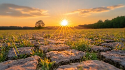 Poster - Sunset over a textured stone surface with grass highlighting nature's beauty in golden hues and warm sunlight in the background.