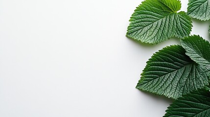 Poster - Fresh green leaves from spring season arranged on a clean white background, emphasizing vibrant color and texture, nature, botanical, isolated, minimalism.