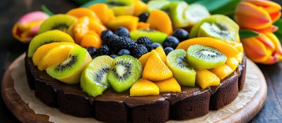 Poster - Brownie cake decorated with fresh fruits and vibrant tulips creating a beautiful spring bakery scene
