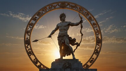 Statue of Apollo, the god of the sun, holding a golden bow and arrows, standing on a radiant sunwheel, set against the horizon at dawn, with carvings reflecting the sun god's divinity and power.