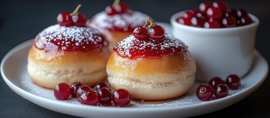 Aufkleber - Sweet currant jam filled buns drizzled with honey served on a white plate with fresh currants against a dark background