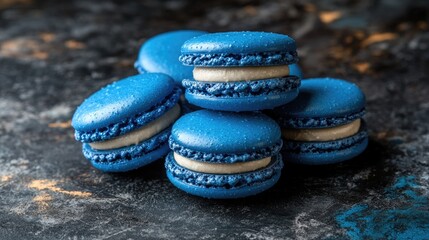 Poster - Blue macarons delicately arranged on a dark textured background showcasing their vibrant color and exquisite details.