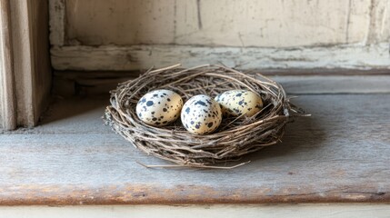 Poster - Easter nest with speckled eggs resting on a rustic wooden surface near a window