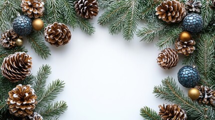 Poster - Festive Christmas decorations featuring pine cones and ornaments arranged on a white background for a cheerful holiday atmosphere