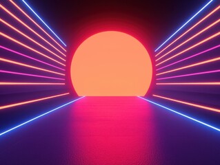 Poster - A vibrant, futuristic scene featuring a large glowing sun surrounded by neon lines, creating a surreal pathway that suggests depth and motion.