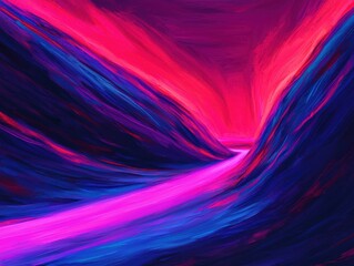 Poster - A vibrant, abstract landscape featuring bold shades of pink and blue, with a winding pathway leading into a glowing horizon.