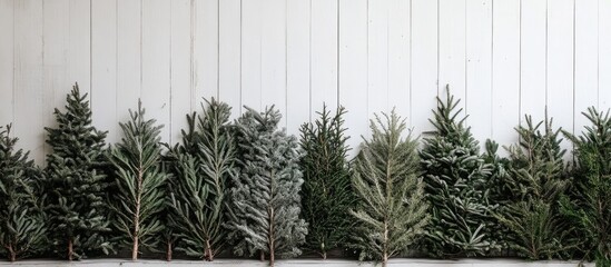 Aufkleber - Christmas tree limbs arranged on a white wooden backdrop creating a festive and tranquil holiday atmosphere.