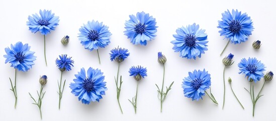 Fototapete - Elegant flat lay arrangement of vibrant blue cornflowers on a white background ideal for minimalist floral design and decoration themes