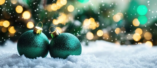 Poster - Green Christmas ornaments on snow with blurred bokeh lights creating a festive winter holiday background