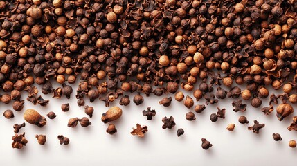 Poster - Various dried cloves spice scattered on a clean white background showcasing their rich texture and dark brown color
