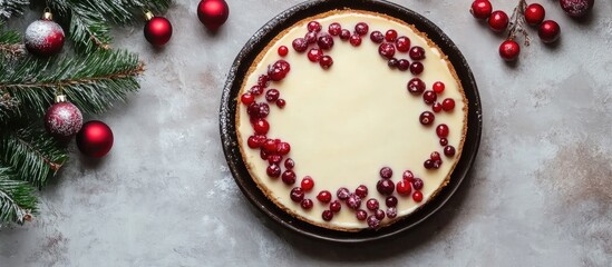 Poster - Homemade cheesecake topped with lingonberries and cranberries surrounded by Christmas decorations festive sweet dessert for the holidays