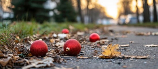 Aufkleber - Discarded Christmas ornaments scattered on a pathway amidst fallen leaves during a serene winter sunset scene.