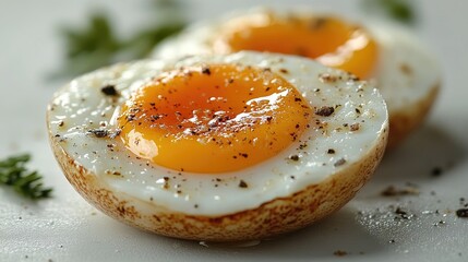 Aufkleber - Boiled egg halves with vibrant yolks and seasonings on a white background ideal for breakfast or culinary presentations