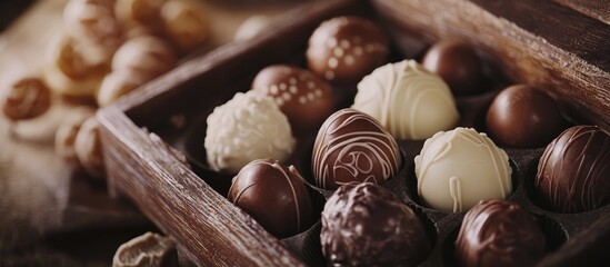 Poster - Assorted gourmet chocolate eggs and candies displayed in a rustic wooden box on a textured background