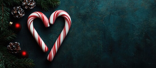 Aufkleber - Heart-Shaped Candy Canes Surrounded by Pine Cones and Christmas Ornaments on a Dark Textured Background