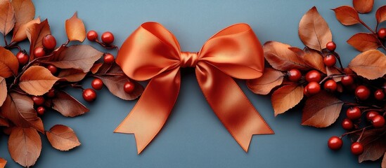 Poster - Autumnal flat lay featuring dried leaves rowan berries and an orange ribbon ideal for greeting cards and festive design backgrounds