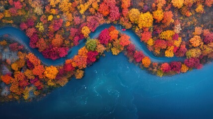 Poster - Aerial view of a serene autumn forest with a winding river surrounded by colorful foliage in vibrant fall colors