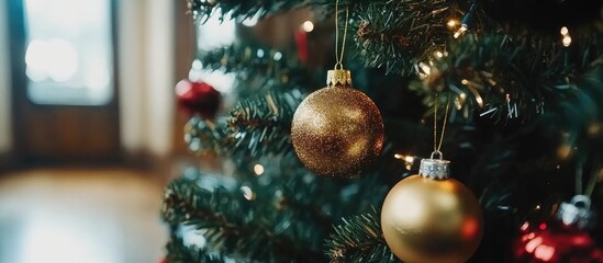 Aufkleber - Festive Christmas and New Year ornaments hanging on a beautifully decorated fir tree with warm bokeh lights in the background