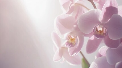 Aufkleber - Detailed close-up of a delicate purple orchid with soft petals and vibrant yellow center, beautifully contrasting against a smooth white background, floral, nature, macro photography.