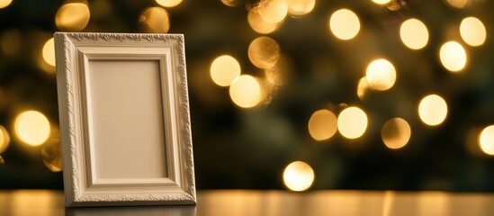 Poster - Elegant white photo frame on a table with soft Christmas lights creating a warm, inviting ambiance perfect for holiday memories.