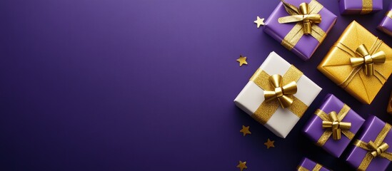 Poster - Decorative Christmas and New Year gifts in gold and purple on a violet background with empty space for text or design elements