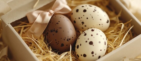 Aufkleber - Chocolate and white speckled eggs decorated with ribbons nestled in straw for a festive celebration in a decorative gift box