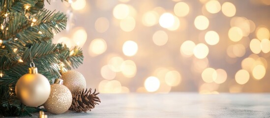 Poster - Festive holiday scene with blurred bokeh background, sparkling ornaments, and pine branches creating a warm and inviting atmosphere