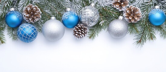 Poster - Christmas decorations featuring blue and silver baubles with pinecones and fir branches on a white background for festive imagery