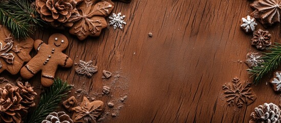 Aufkleber - Festive Christmas background with gingerbread cookies pine cones and seasonal decorations on a rustic wooden table top view