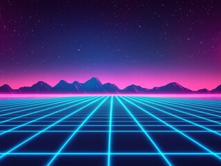 Poster - A vibrant retro landscape featuring a grid foreground and silhouetted mountains under a starry sky, illuminated by pink and blue neon colors.