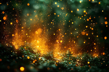 Poster - A lush emerald green background softly illuminated with golden flickers and delicate light reflections, creating a serene and elegant ambiance,