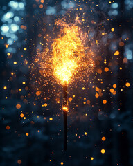 Poster - A creative depiction of a single firework sparkling in golden tones, isolated in the sky with faint, glowing embers drifting down for a minimalist yet festive aesthetic,