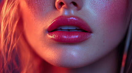 Poster - a serene shot of lips with a faint blood-like stain, framed by glowing, flawless skin and a minimal,