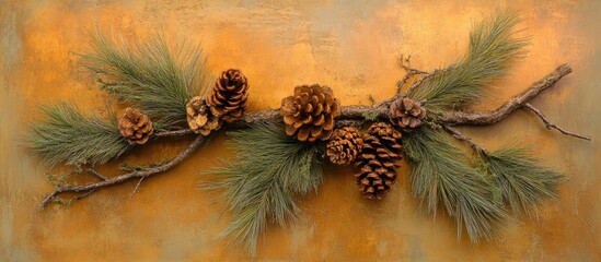 Poster - Pine branches and cones arranged artistically on a rustic wooden background for a nature inspired aesthetic.