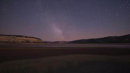 Wall Mural - Long exposure night sky photograph capturing the Milky Way galaxy over tranquil landscape and starry horizon