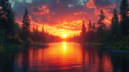 Wall Mural - vibrant sunset over a winding river, reflecting radiant orange and red hues, surrounded by dense tre
