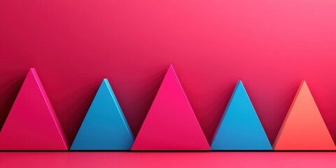 Poster - A vibrant arrangement of colorful triangular shapes against a pink background, showcasing a modern and playful design.