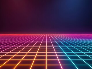 Poster - A vibrant, futuristic grid landscape with neon colors, creating a sense of depth and digital ambiance in a dark space.