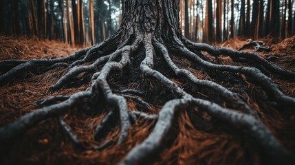 Poster - Pine tree roots in autumn forest featuring dark earthy tones and intricate textures of stumps and surrounding foliage