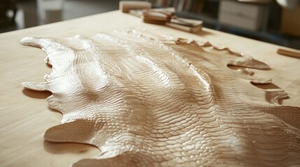 Poster - Natural light brown alligator skin texture displayed on a wooden table showcasing premium leather craftsmanship and material quality