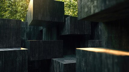 Poster - Textured foam block masonry walls with natural lighting and greenery in the background creating a modern architectural aesthetic.