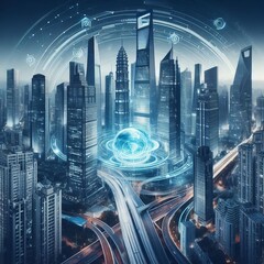 Poster - a futuristic cityscape with towering skyscrapers represents prog