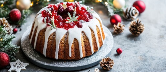 Canvas Print - Gluten free Christmas fruit cake decorated with berries and icing surrounded by festive holiday decorations on a gray background