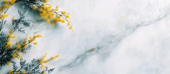 Poster - Mimosa flowers elegantly arranged on a marble surface creating a fresh spring background with ample negative space for design use