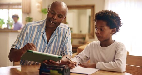 Poster - Dad, boy and homework on tablet in home with research for school project and assignment. Black family, parent and teaching kid with help on internet with information for child development and growth