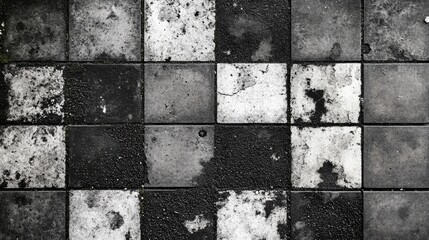 Poster - Vintage distressed tile floor texture suitable for design projects and website backgrounds featuring a checkerboard pattern in grayscale tones