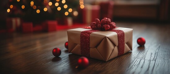 Christmas gift wrapped in festive paper on wooden surface decorated with ornaments and bokeh lights in the background.