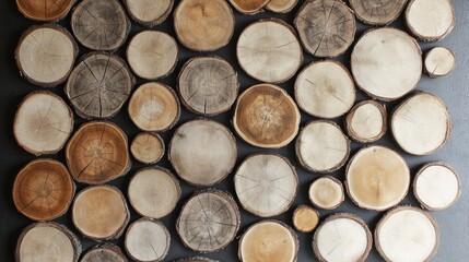 Poster - Natural wood log wall texture featuring various sizes of debarked wooden circles for rustic interior design and backdrop aesthetics.