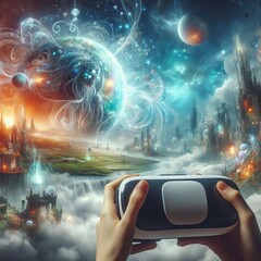 Poster - A virtual reality headset displaying a fantastical world Explore